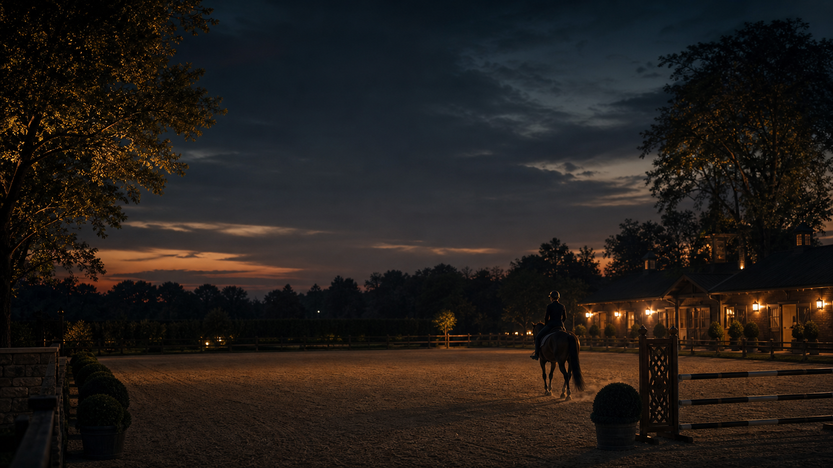 Cavalier quittant une carrière au crépuscule