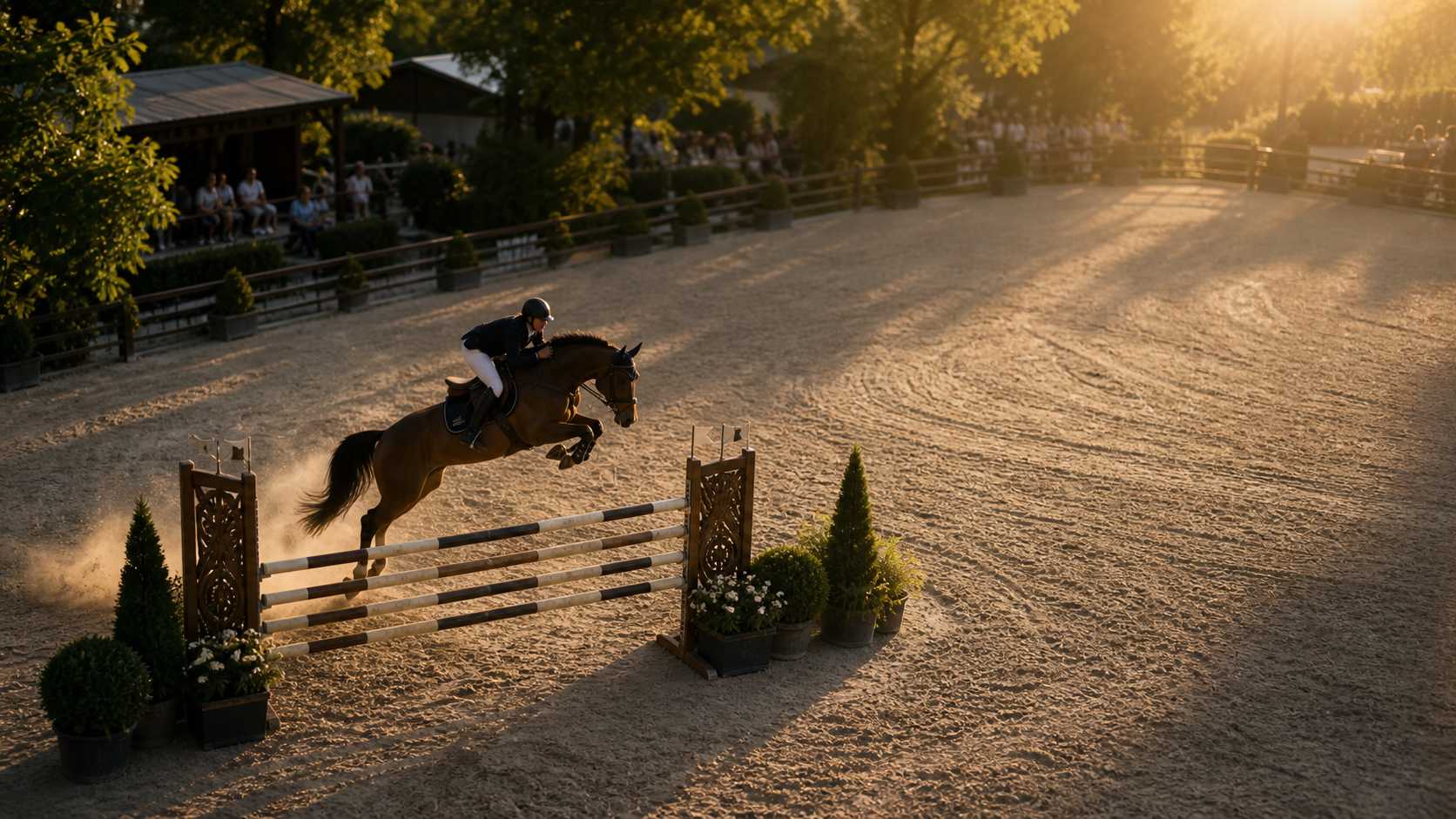 Cavalier en concours équestre filmé dans une lumière chaude